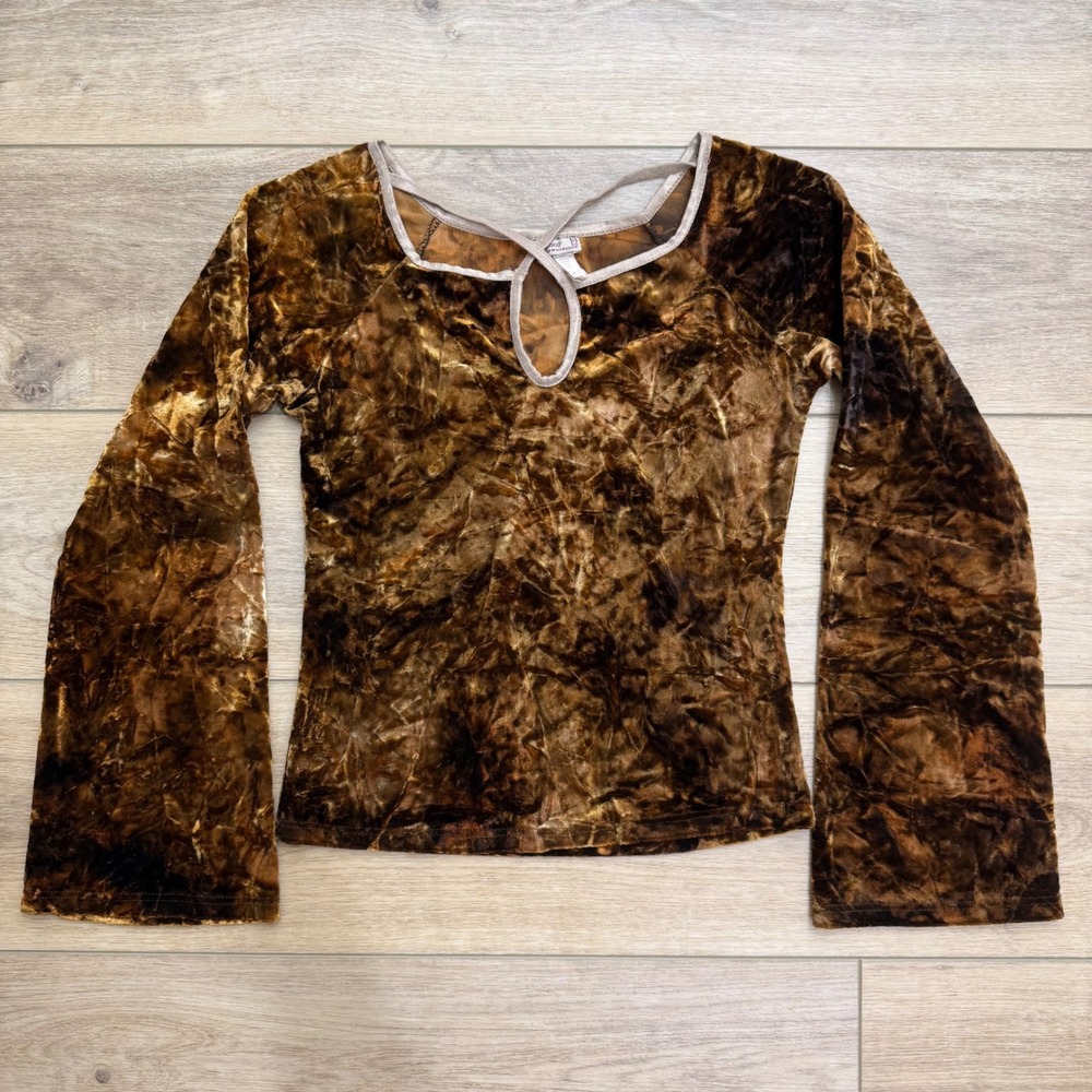 Vintage Ahoy Brown Crushed Velvet‎ Bell Sleeve Keyhole Top Whimsigoth Y2K Small